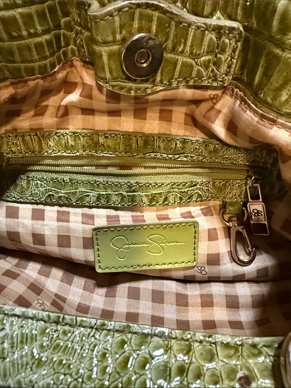 Jessica Simpson Olive Green Croc-Embossed Shoulder Bag - Picture 4 of 11
